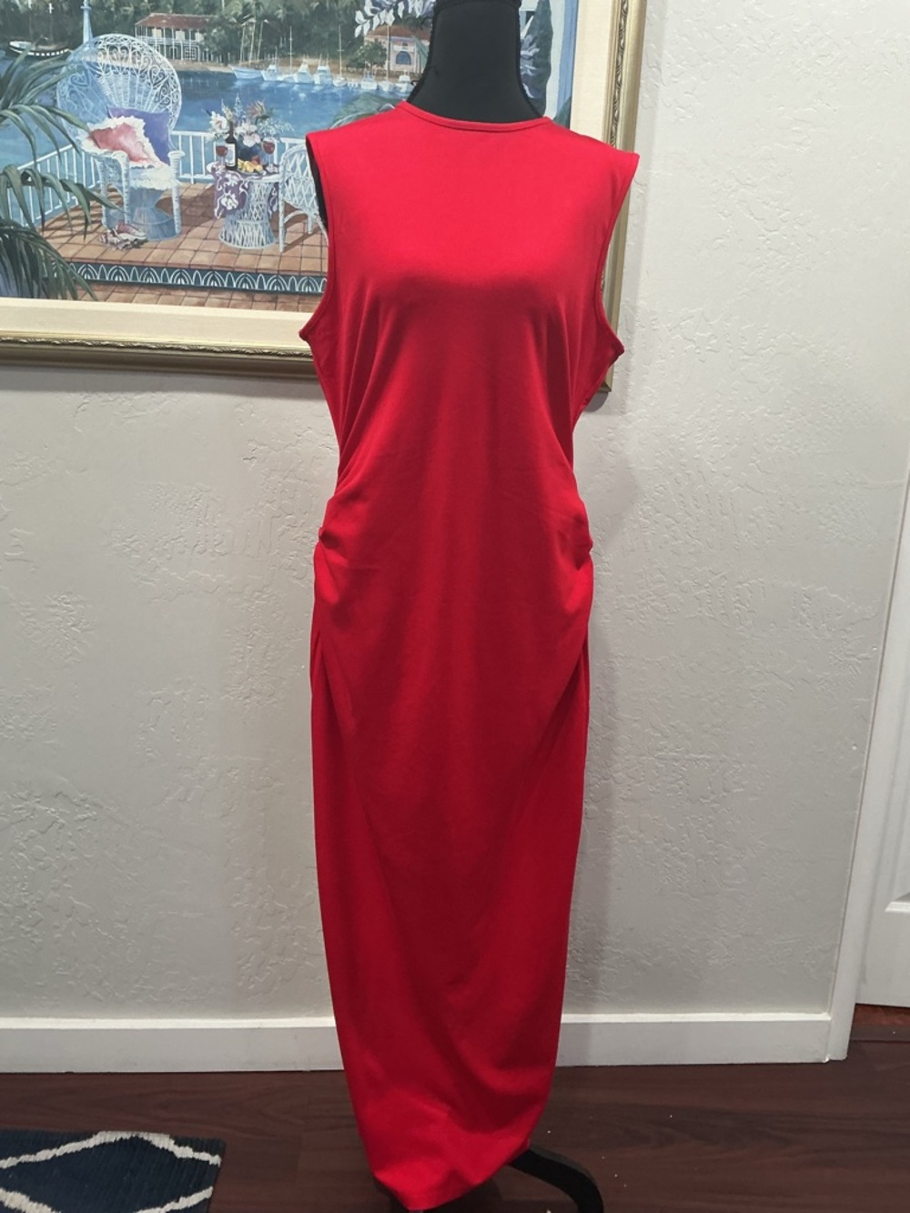 Classic Sleeveless Red Maxi Dress with Side Gather Detail